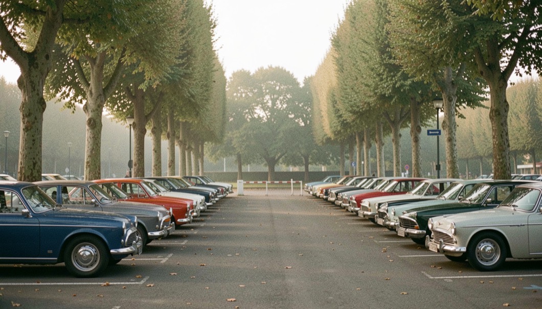 Un parking bordé de platanes au petit matin, des voitures anciennes à la carrosserie brillante rangées en équerre, une barrière basse et des arbres au fond.