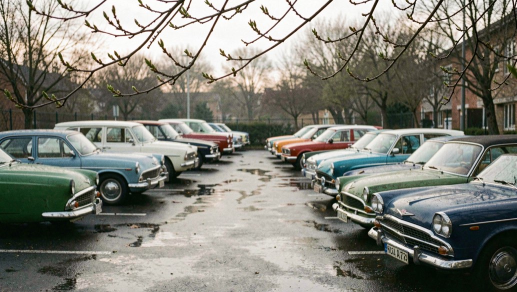 Un parking encore humide au petit matin, des voitures anciennes à la carrosserie brillante rangées en quinconce, des branches en bourgeons au-dessus du cadre.