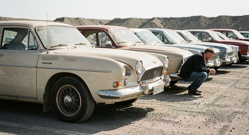 Des voitures anciennes alignées en pleine lumière sur un parking minéral, des ombres courtes sous les portières, un propriétaire plié sur une jante à rayons.