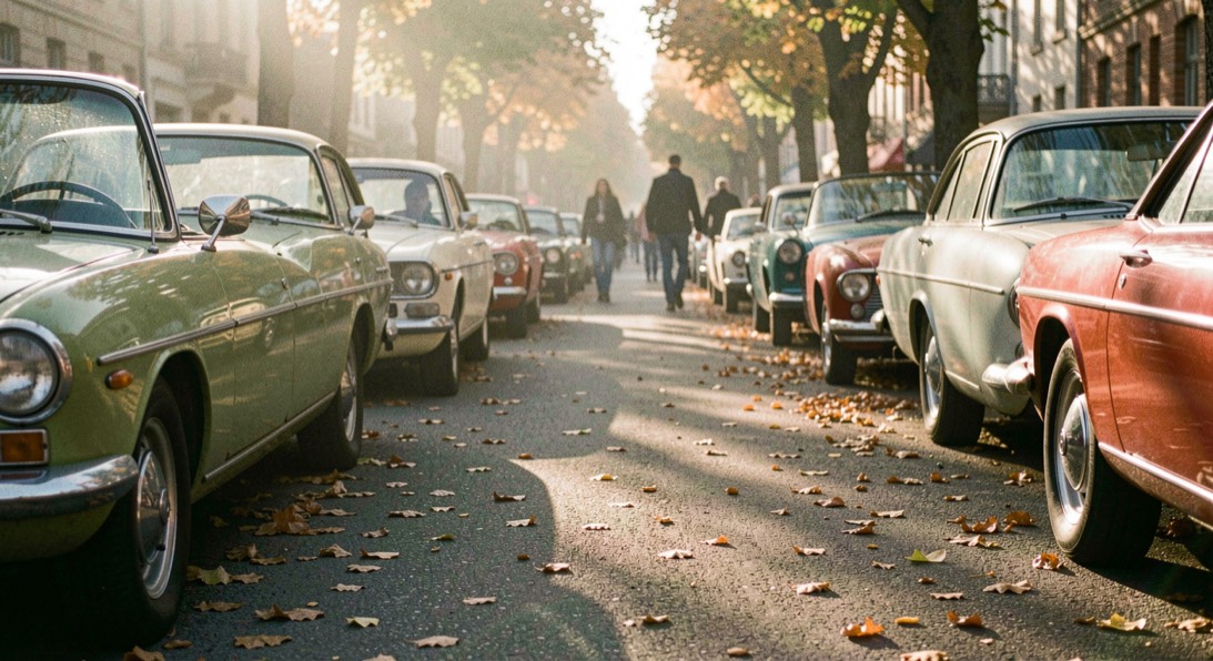 Une rue bordée d’arbres où des voitures anciennes vertes et rouges sont alignées sur des feuilles mortes, quelques promeneurs dans une lumière basse.