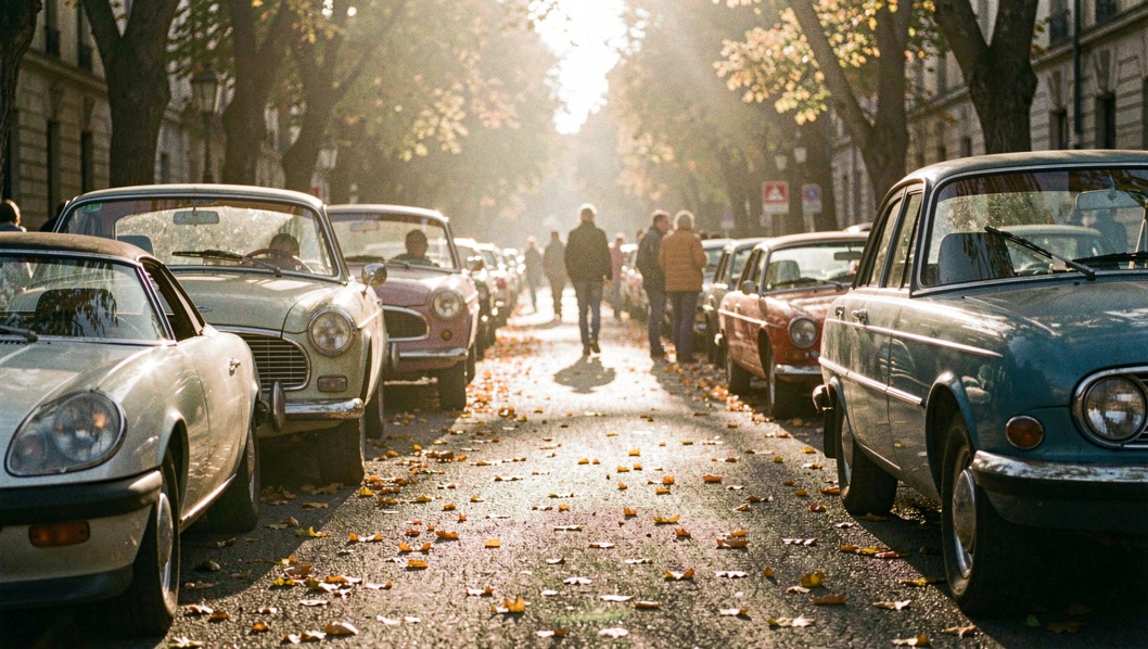 Une allée de voitures anciennes en lumière rasante, des ailes qui renvoient le soleil bas, des feuilles éparses et des visiteurs en veste au fond du cadre.