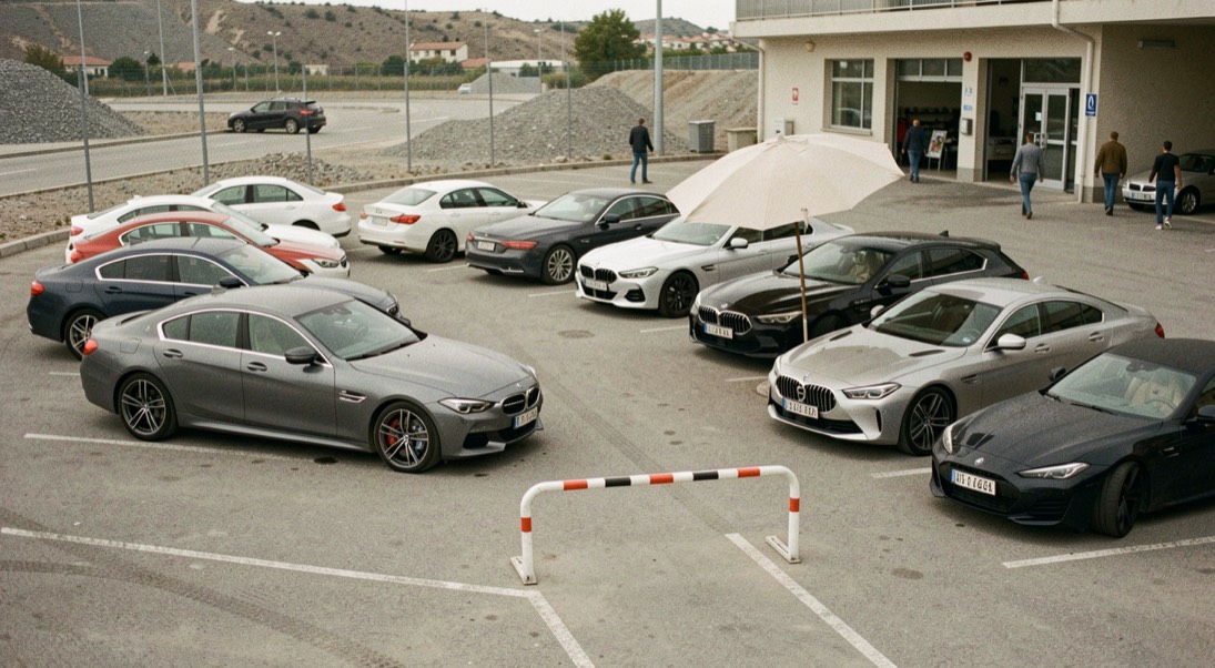 Des voitures de prestige rangées en quinconce au bord d’un parking minéral, un parasol ouvert près d’une barrière basse, des promeneurs qui regagnent les sorties.