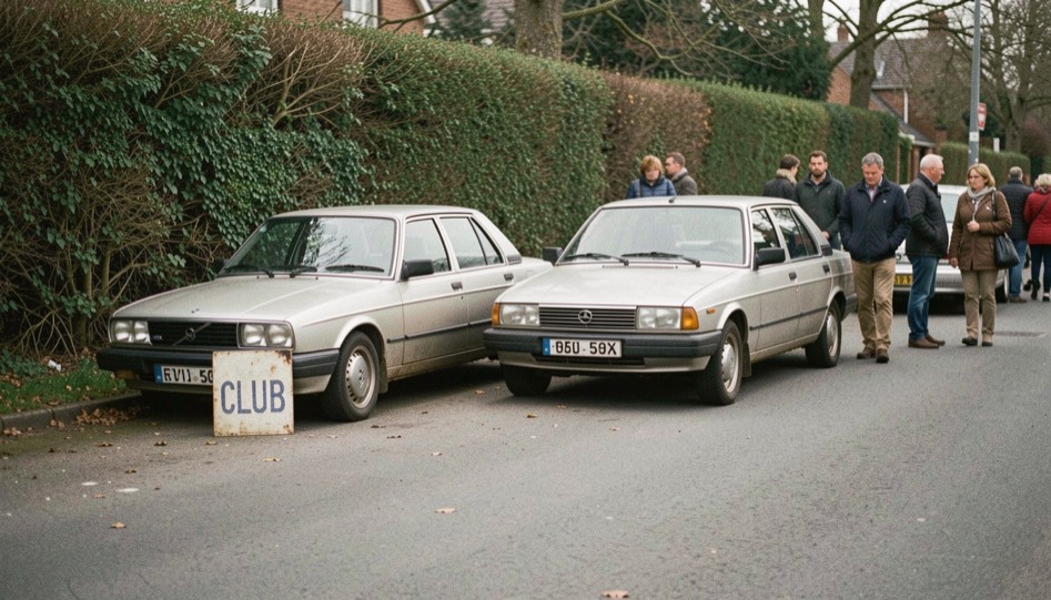 Deux berlines anciennes, l’une claire, l’autre argent, devant une haie taillée, un panneau de club posé contre une roue et un groupe de visiteurs.