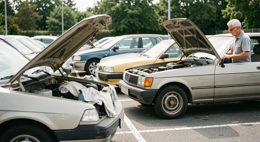 Un alignement de capots ouverts sur un parking clair, des moteurs protégés par des chiffons, un propriétaire qui remonte lentement le hayon d’un breaks ancien.