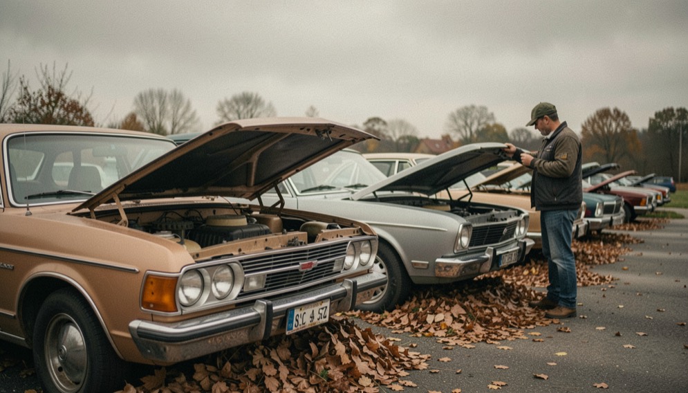 Un coupé ancien brun clair au capot levé, des feuilles mortes sous les roues, un homme en veste sombre qui regarde le moteur sous un ciel gris.